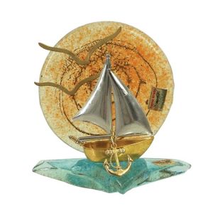 ДЕКОРАТИВНА ФИГУРА ЗАЛЕЗ С ЧАЙКИ И ЛОДКА С МЕТАЛИК КОТВА - 12x10.5см