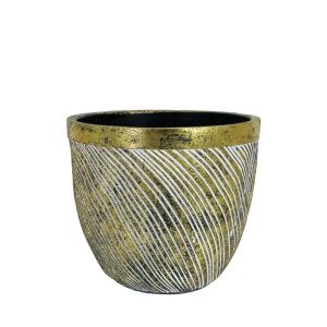 КРЪГЛА ЗЛАТИСТА САКСИЯ С БЕЛИ ДИАГОНАЛНИ ЛИНИИ, СРЕДНА - Φ14.5x14см 1/18KIB