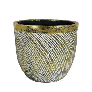 КРЪГЛА ЗЛАТИСТА САКСИЯ С БЕЛИ ДИАГОНАЛНИ ЛИНИИГОЛЯМА - Φ16.5x16см 1/12KIB