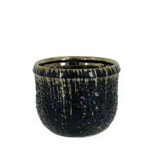 КРЪГЛА САКСИЯ ЗА ЦВЕТЯ, ЧЕРНА/ЗЛАТИСТА ГЛАЗИРАНА, СРЕДНА - Φ14.5x12см 1/18KIB
