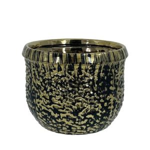 КРЪГЛА САКСИЯ ЗА ЦВЕТЯ, ЧЕРНА/ЗЛАТИСТА, ГЛАЗИРАНА,ГОЛЯМА - Φ17x13см 1/12КУТИЯ
