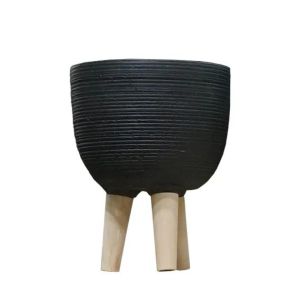 КРЪГЛА САКСИЯ ОТ ЧЕРЕН ЦИМЕНТ С ДЪРВЕНИ КРАКА Φ25.5x23/33.5см 2 бр./КУТИЯ