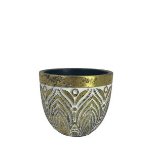 КРЪГЛА САКСИЯ С РЕЛЕФЕН МОДЕЛ НА ЛИСТА, ЗЛАТИСТО/БЯЛА, МАЛКА - Φ14.5x12.5см 1/18KIB