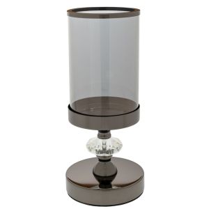 СИВ МЕТАЛЕН СВЕЩНИК СЪС СТЪКЛО 12X26 СМ