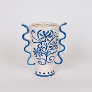 КЕРАМИЧНА ВАЗА С ЦВЕТЯ, СИНЬО-БЯЛА 20.8X13X23.8СМ