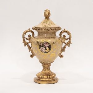 БУРКАН ЗА СЛАДКИ ПОРЦЕЛАНОВА ГОРНА ЧАСТ И ПОЛИРЕЗИН БЕЖОВ С ЦВЕТЯ 28X19X42СМ