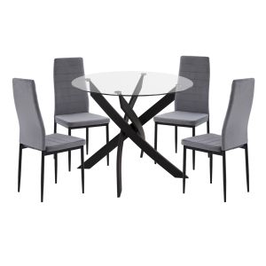 КОМПЛЕКТ МАСИ И СТОЛОВЕ 5 ЧАСА LADY HM21199.01 СТЪКЛЕН ПЛОТ - МЕТАЛ В ЧЕРНО И КАДИФЕН В СИВО