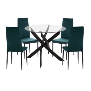 КОМПЛЕКТ МАСИ И СТОЛОВЕ 5 ЧАСТИ LADY HM21199.03 СТЪКЛЕН ПЛОТ - МЕТАЛ В ЧЕРНО И КАДИФЕ В КИПАРОСОВО ЗЕЛЕНО