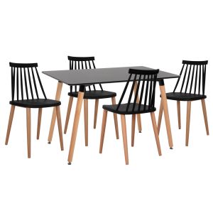 КОМПЛЕКТ МАСИ И СТОЛОВЕ 5 ЧАСТИ MINIMAL HM21178 MDF ПЛОТ В ЧЕРНО - РАМКИ В ЕСТЕСТВЕН ЦВЯТ НА ДЪРВО