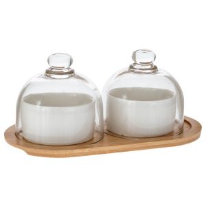 БАМБУКОВ ПОДНОС СЪС СТЪКЛЕНИ КАПАЦИ 24X12X10 СМ