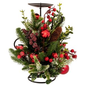 ЗЕЛЕН СВЕЩНИК С ЧЕРВЕНИ ПЛОДОВЕ, ЧЕРВЕНИ ТОПКИ И БОРОВИ ШИШАРКИ 33 СМ