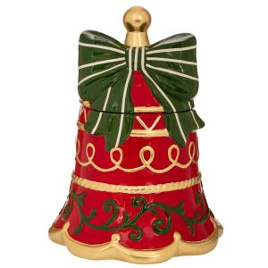 КОЛЕДЕН КЕРАМИЧЕН БУРКАН ЗА БИСКВИТИ С ЧЕРВЕНА КАМБАНКА 21,5X21,5X28,5 СМ