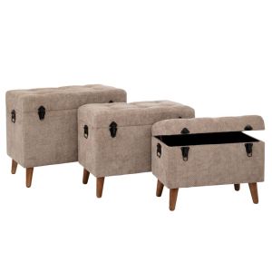 КОМПЛЕКТ 3 ТАБУРЕТКИ НА ДЪРВЕНИ КРАКА И МЯСТО ЗА СЪХРАНЕНИЕ D70X41X56CM 63X35X45CM 55X30X40CM
