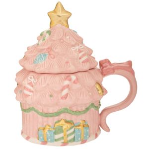РОЗОВА КЕРАМИЧНА ЧАША С КОЛЕДНА ЕЛХА И КАПАК 15,5X12X17СМ