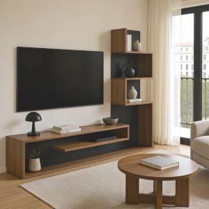 ТВ ШКАФ CAZENDA С БИБЛИОТЕКА В ЦВЯТ ДЪБ И ТЪМНОСИВ ЦВЯТ 160X29X126 СМ