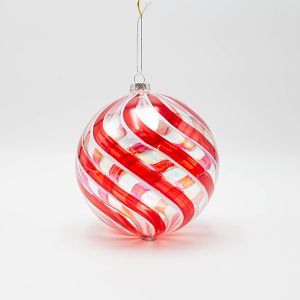 КОЛЕДНА СТЪКЛЕНА ТОПКА ПРОЗРАЧНА, С ЧЕРВЕНИ И БЕЛИ ЛИНИИ, 15 см