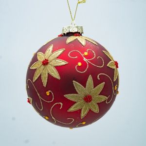КОЛЕДНА СТЪКЛЕНА ТОПКА, ЧЕРВЕНА СЪС ЗЛАТИСТА КОЛЕДА, 12 см