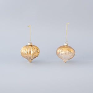 КОЛЕДНА СТЪКЛЕНА УКРАСА, ВИСУЛКА, ЗЛАТНА, 2 ДИЗАЙНА, КОМПЛЕКТ ОТ 4 БРОЯ, 8 см