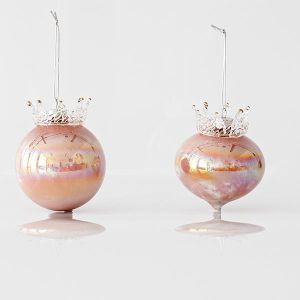 КОЛЕДНА СТЪКЛЕНА УКРАСА, ПРЕЛИВАЩА, РОЗОВА, С КОРОНА, 2 ФОРМИ, КОМПЛЕКТ ОТ 2 БР., 8x9,5 см