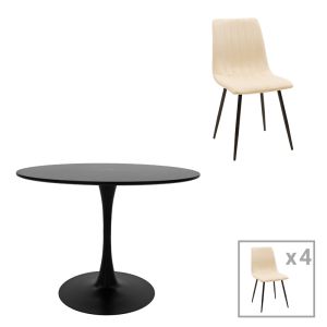 КОМПЛЕКТ ТРАПЕЗАРНА МАСА BALOU-PARKER И СТОЛОВЕ ОТ 5 MDF, ЧЕРНО-БЕЖОВО, D100X73СМ