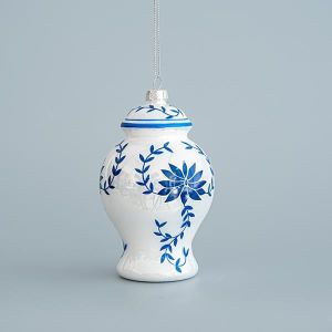 СТЪКЛЕНА ВАЗА, БЯЛА СЪС СИНИ ЦВЕТЯ, КОМПЛЕКТ ОТ 2 БРОЯ, 7,5X12,2 СМ