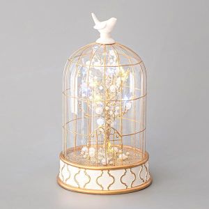 НАСТОЛНА СТЪКЛЕНА ДЕКОРАЦИЯ С ПТИЧА КЛЕТКА, С ПТИЦА И ПЕРЛЕНО ДЪРВО, 12 LED ЛУМИ, 14,6X24СМ
