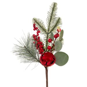 ДЕКОРАТИВНА ЗЕЛЕНА КЛОНКА С ЧЕРВЕНИ ПЛОДОВЕ И ЧЕРВЕНО ЗВЪНЧЕ 35 СМ