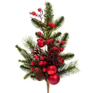 ЗЕЛЕНА КЛОНКА С ЧЕРВЕНИ ПЛОДОВЕ, ЧЕРВЕНИ ДИВАНКИ И ГЛАЗИРАНИ БОРОВИ ШИШАРКИ 50 СМ