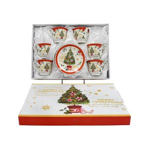 КОЛЕДЕН КЕРАМИЧЕН КОМПЛЕКТ ЗА КАФЕ 6 ЧАСА В КУТИЯ FL909017 БЯЛО-ЧЕРВЕН ЦВЯТ 6X6СМ