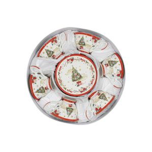 КОЛЕДЕН КЕРАМИЧЕН КОМПЛЕКТ ЗА КАФЕ 6 ЧАСТИ В КУТИЯ FL80068 БЯЛО-ЧЕРВЕН ЦВЯТ