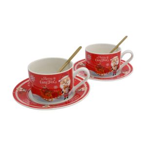 КОЛЕДЕН КОМПЛЕКТ КЕРАМИЧНА ЧАША С ЛЪЖИЦА И ЧИНИЯ ДЯДО КОЛЕДА FL159 ЧЕРВЕНА 8.5X11СМ