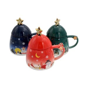 КОЛЕДНА КЕРАМИЧНА ЧАША С КАПАК ЕЛХА 1/3 FL822 СИНЬО ЗЕЛЕНО ЧЕРВЕНО 13X11СМ