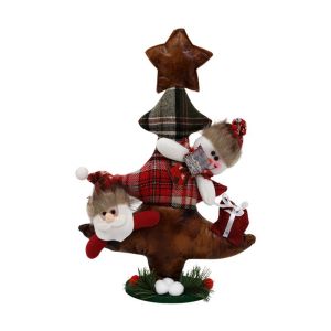 КОЛЕДНО ДЕКОРАТИВНО ДЪРВО ДЯДО КОЛЕДА+СНЕЖЕН ЧОВЕК ЧЕРВЕНО-СИВО КАРЕ 36*14*59СМ