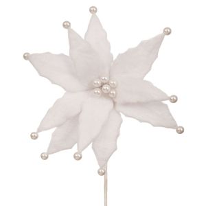 КОЛЕДНО СТЕБЛО НА БЯЛА КОЛЕДНА ЗВЕЗДА 30X56 СМ С БЕЛИ ПЕРЛИ