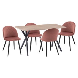 КОМПЛЕКТ ЗА ТРАПЕЗАРИЯ 5 ЧАСТИ ALARICK HM21277 MDF ПЛОТ - КАДИФЕ В ПЕПЕЛ ОТ РОЗИ И МЕТАЛ В ЧЕРНО