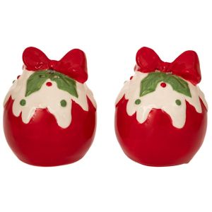 КОМПЛЕКТ ОТ 2 ЧЕРВЕНО-БЕЛИ КЕРАМИЧНИ КОЛЕДНИ СОЛНИЦА И ПИПЕР, ПОДАРЪЧЕН ДИЗАЙН 5X5X7 СМ