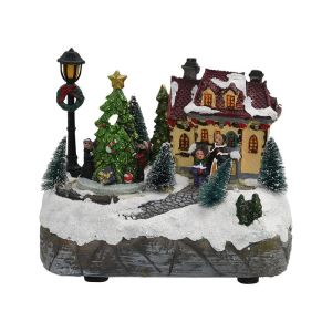 НАСТОЛНА КОЛЕДНА КЪЩА С ДЪРВО FL22120 С LED-МУЗИКА И ДВИЖЕНИЕ СИВО-БЯЛА 19X19X13СМ