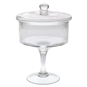 ПРОЗРАЧЕН СТЪКЛЕН ПОДНОС С КАПАК, НА КРАК 18X25 СМ