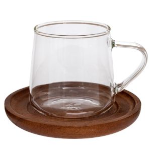 ПРОЗРАЧНА ЧАША С ДЪРВЕНА ПОДЛОЖКА