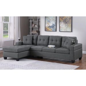 JORDAN ЪГЛОВ ДИВАН С ОБРЪЩАЕМ ДИЗАЙН, СИВ ПЛАТ, ПОДЛАКЪТНИЦИ С ПОСТАВКИ ЗА ЧАШИ