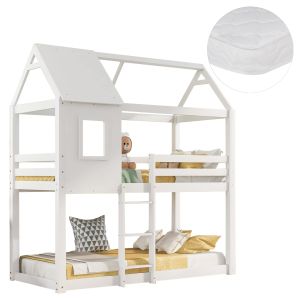 ДВУЕТАЖНО ЛЕГЛО С КАПАЧЕР ЗА 2 МАТРАКА HM21314.01 БОРОВА ДЪРВЕСИНА В БЯЛО -- ЗА МАТРАЦИ 90X190СМ