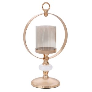 ЗЛАТИСТ МЕТАЛЕН СВЕЩНИК С ВЕНЕЦ И СТЪКЛО D12 18X34СМ