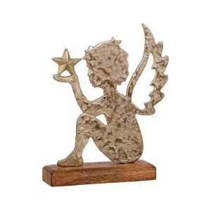 КОЛЕДЕН ДЕКОРАТИВЕН АЛУМИНИЕВ АНГЕЛ С ДЪРВЕНА ОСНОВА FL1723 ЗЛАТИСТ ЦВЯТ 19x5x24см