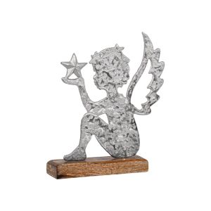 КОЛЕДЕН ДЕКОРАТИВЕН АЛУМИНИЕВ АНГЕЛ С ДЪРВЕНА ОСНОВА FL1723 СРЕБЪРЕН ЦВЯТ 14x5x18см
