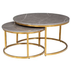 КОМПЛЕКТ ХОЛНИ МАСИ GOLDY ГАЛВАНИЗИРАНА ЗЛАТНА МЕТАЛНА ОСНОВА , СИВ МРАМОРЕН ПЛОТ D80X42,5 D60X36,5CM