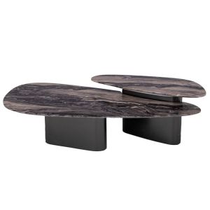 КОМПЛЕКТ ОТ 2 СИВИ МЕТАЛНИ МАСИ СЪС СИВО-КАФЯВА МРАМОРНА ПОВЪРХНОСТ 144X75X47СМ