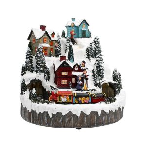 НАСТОЛНА КОЛЕДНА КЪЩА С ВЛАК FL24017 С LED-МУЗИКА И ДВИЖЕНИЕ СИВО-БЯЛА 22x22x23см