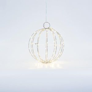 СРЕБЪРНА МЕТАЛНА ТОПКА 20 СМ, 96 МИНИ LED, АДАПТЕР С ПОСТАВЕН ПЛИК, СРЕБЪРНА МЕДНА ЖИЦА, ТОПЛО БЯЛА LED СВЕТЛИНА, ЖИЦА 3 М, IP44