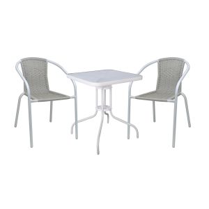 ГРАДИНСКИ КОМПЛЕКТ BALENO-W - ТЕРАСА: МАСА + 2 СТОЛА МЕТАЛЕН БЯЛ, ПЛЕТЕНА БЕЖОВА