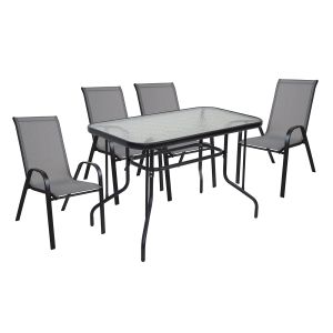 ГРАДИНСКИ КОМПЛЕКТ RIO, ЧЕРНО БОЯДИСАН МЕТАЛ, СИВ ТЕКСТИЛЕН: МАСА + 4 СТОЛА